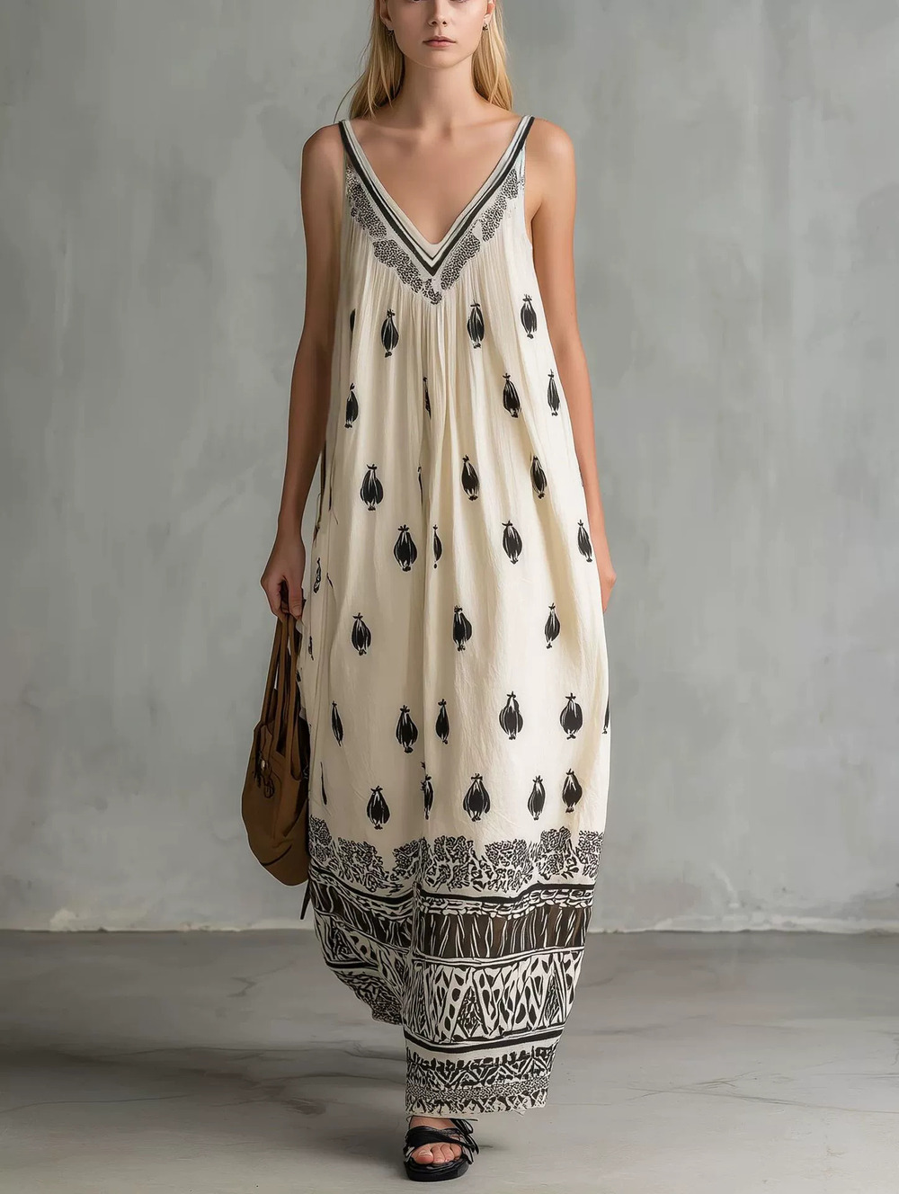 ZARA Summer Spaghetti Strap Loose V Neck Linen Cotton Maxi Beach Vacation Dress